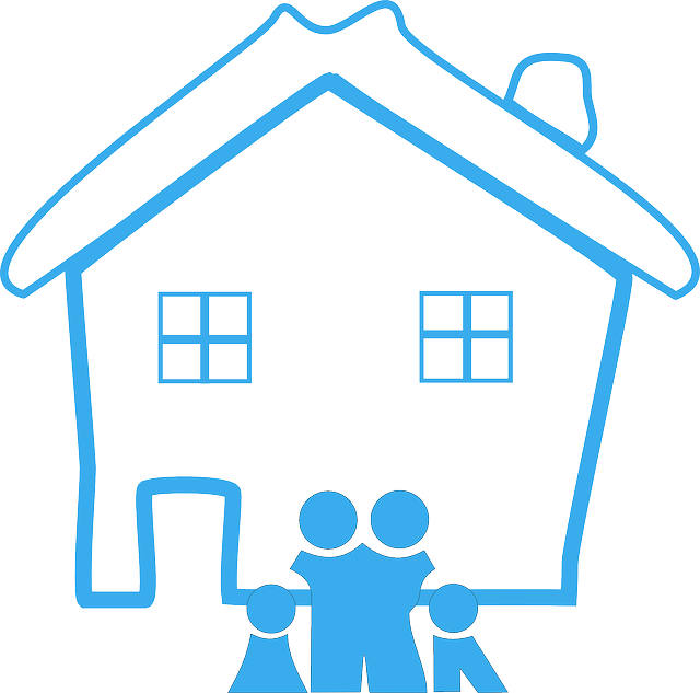 modrý kreslený domek, rodina